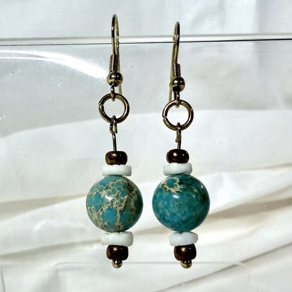 REIMAGINED Variscite, Shell, Copper Glass Bead Earrings Gold-Plated Hooks - Picture 1 of 4